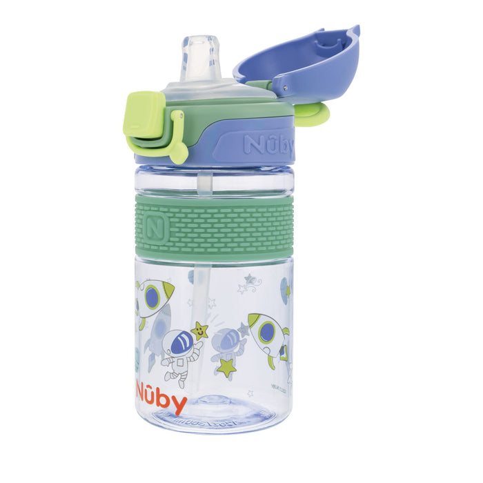 The Nuby US Thirsty Kids Flip-It BOLT Water Bottle | Space features a no-spill flip-top lid, silicone straw, textured grip, and playful rocket and spaceship designs for mess-free sipping.