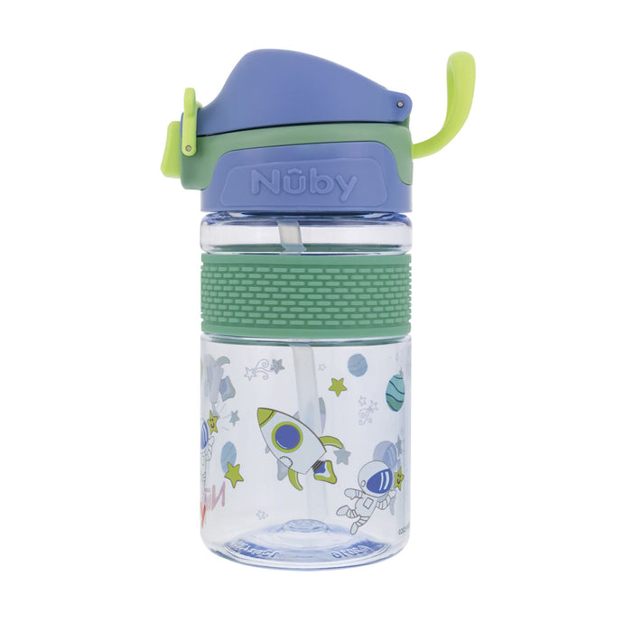 The Nuby US Thirsty Kids Flip-It BOLT Water Bottle | Space features a clear bottle, blue and green flip-top no-spill lid, green textured grip, built-in straw, and fun space-themed rocket and planet designs—perfect for kids.