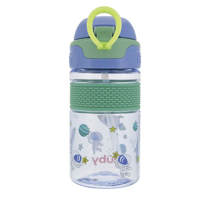 The Nuby US Thirsty Kids Flip-It BOLT Water Bottle | Space features a clear body with astronaut, planet, and star illustrations, a green textured grip, blue and green no-spill lid, built-in straw, and silicone spout for kids.