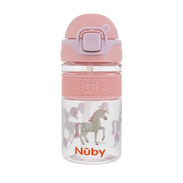 The Nuby US Thirsty Kids Flip-It BOLT Water Bottle | Unicorn features a clear bottle with a pink flip lid and straw, pastel unicorn and rainbow designs, textured grip, spill-proof design, orange Nuby logo, and is ideal for kids’ hydration.