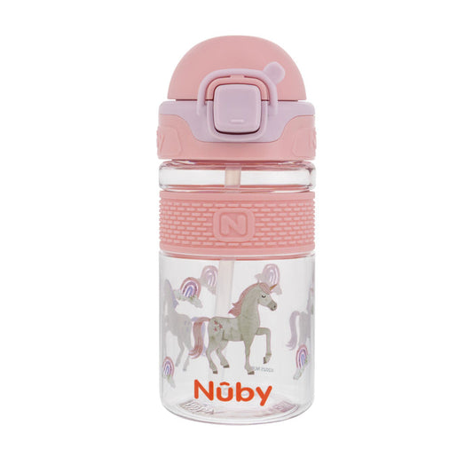 The Nuby US Thirsty Kids Flip-It BOLT Water Bottle | Unicorn features a clear bottle with a pink flip lid and straw, pastel unicorn and rainbow designs, textured grip, spill-proof design, orange Nuby logo, and is ideal for kids’ hydration.