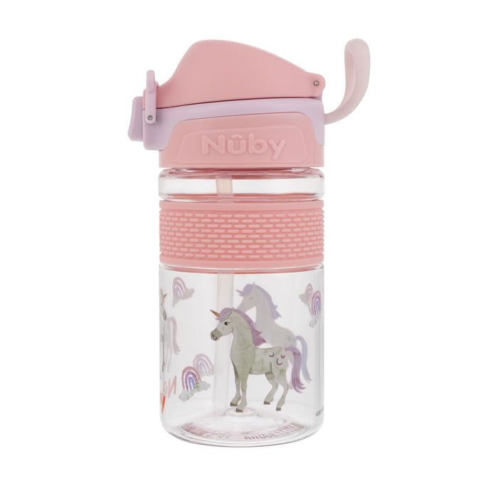 The Nuby US Thirsty Kids Flip-It BOLT Water Bottle | Unicorn features a clear plastic body, pink and purple accents, unicorn and rainbow designs, a pink handle, and a spill-proof flip lid—ideal for kids on the go.