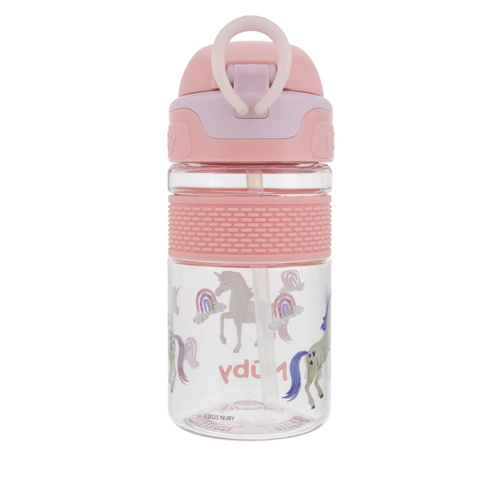 The Nuby US Thirsty Kids Flip-It BOLT Water Bottle | Unicorn is a clear kids’ bottle with a pink lid, handle, unicorn and rainbow designs, plus a built-in straw for spill-proof, easy sipping.