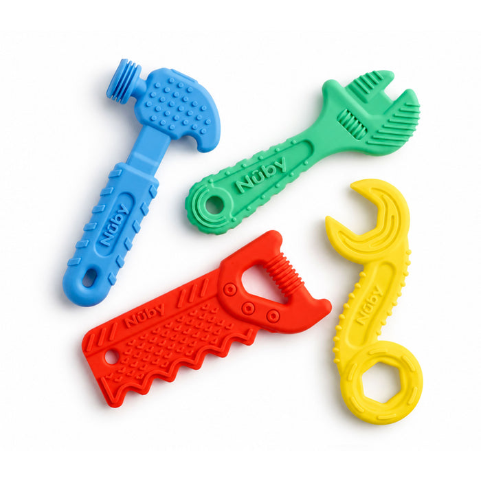 The Tool Teethers (4 Pack) includes four textured plastic teethers—a blue hammer, green adjustable wrench, red saw, and yellow open-ended wrench—perfect for babies to chew and soothe gums.