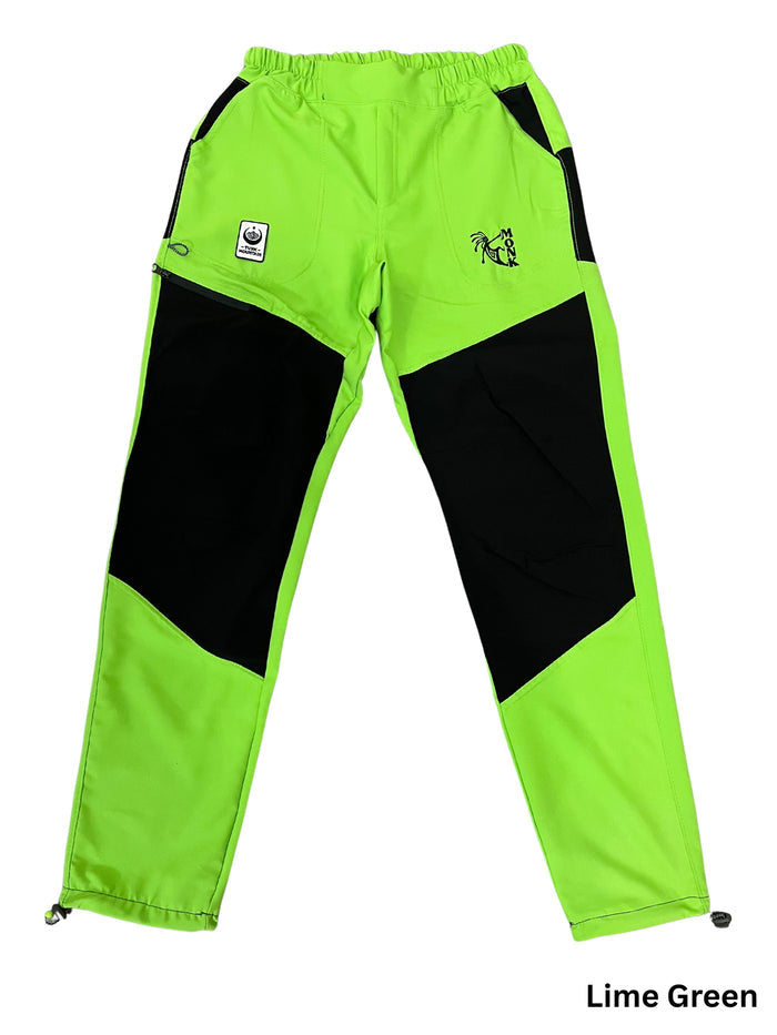 Lime green and black men's climbing pants with reinforced knees, elastic waistband, and zippered pockets.