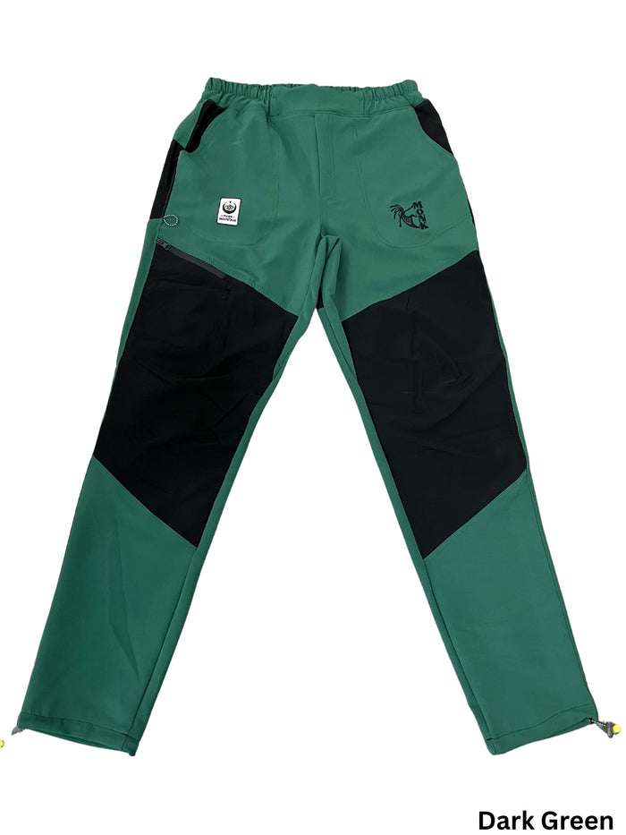 Dark green and black TURK MOUNTAIN men's climbing pants with elastic waistband, reinforced knees, and zippered pocket.