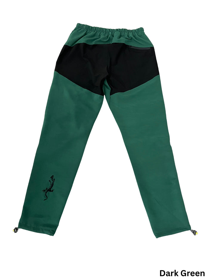 Dark green men's climbing pants with black reinforced seat, elastic waistband, and lizard logo.