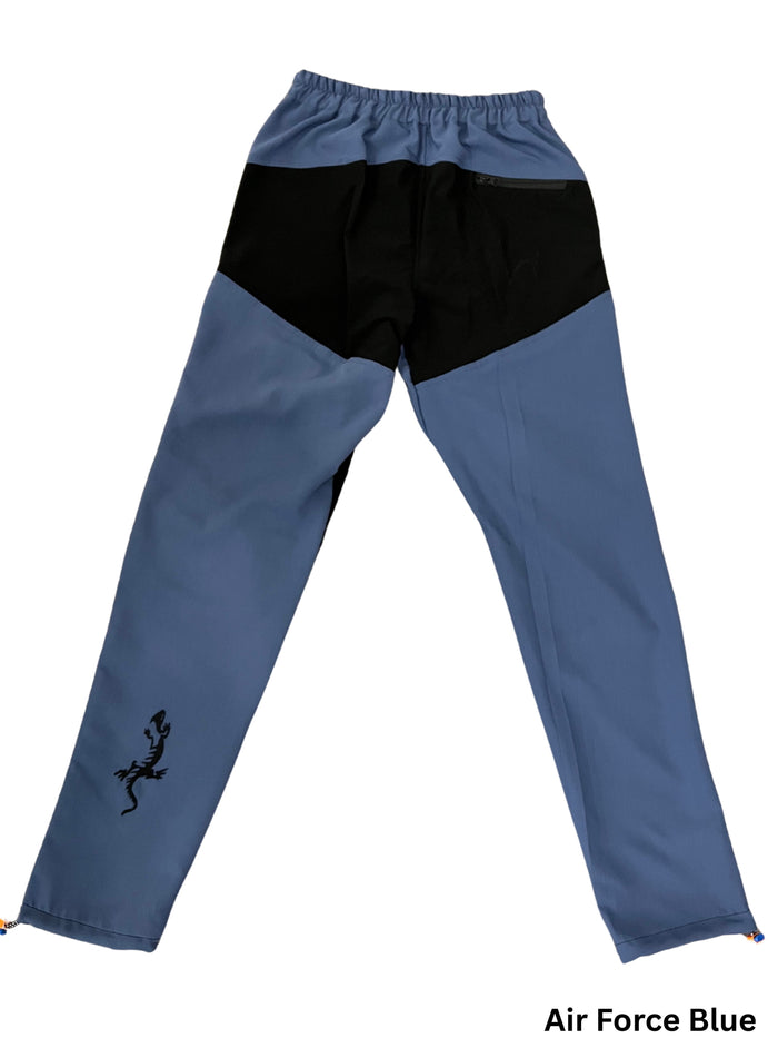 Air Force Blue men's climbing pants with black reinforced knees, elastic waistband, and lizard logo.