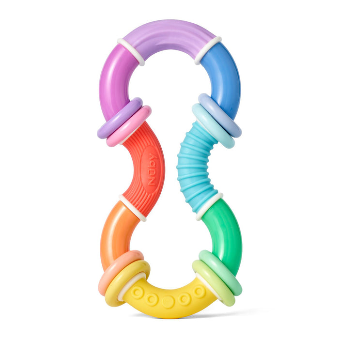 The Twista Rattle Teether Toy | Rattle Balls is a colorful figure-eight sensory teether with textured and smooth segments in purple, blue, green, yellow, orange, and pink plus four round rings for little hands to enjoy.