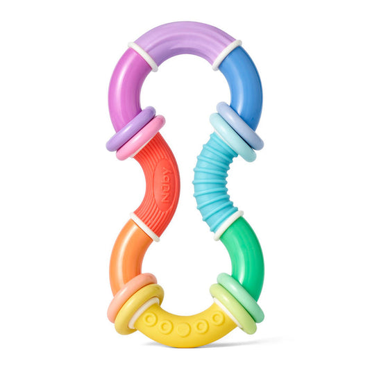 The Twista Rattle Teether Toy | Rattle Balls is a colorful figure-eight sensory teether with textured and smooth segments in purple, blue, green, yellow, orange, and pink plus four round rings for little hands to enjoy.