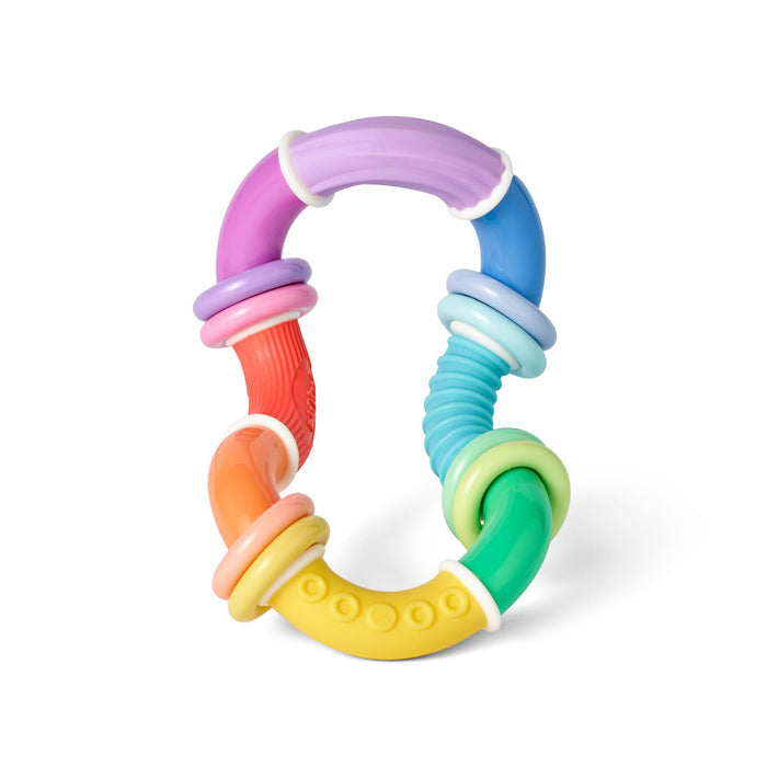 The Twista Rattle Teether Toy | Rattle Balls features curved segments in vibrant colors and textures, providing teething relief with various patterns and ridges, all arranged in an oval shape on a white background.