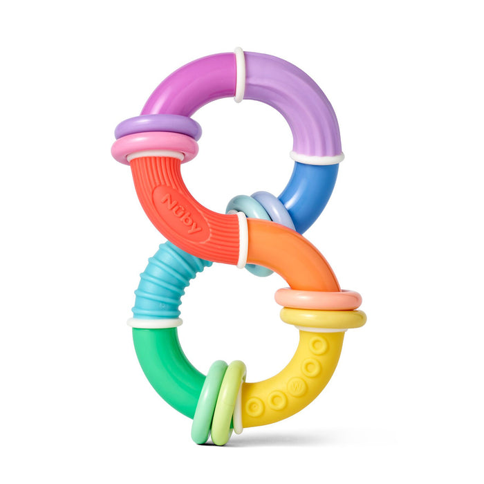 The Twista Rattle Teether Toy | Rattle Balls is a colorful, figure-eight baby sensory toy with textured purple, blue, red, orange, green, and yellow segments and smooth rings for teething relief—perfect for engaging and soothing little ones.