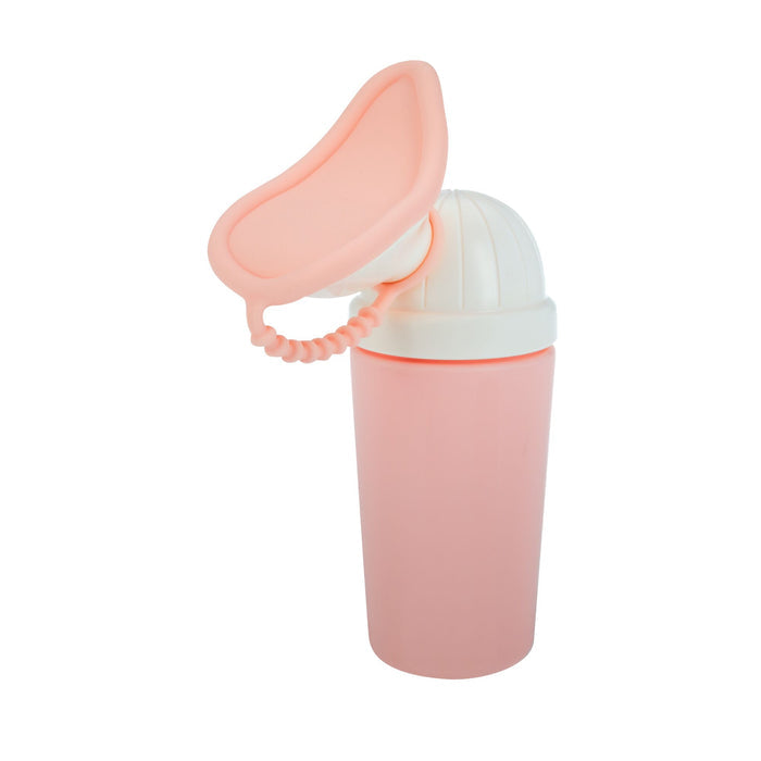 The Nuby Urine Travel Bottle | Girls is a pink portable urinal featuring a white screw-on lid and flexible pink funnel, designed for girls as a convenient travel solution.