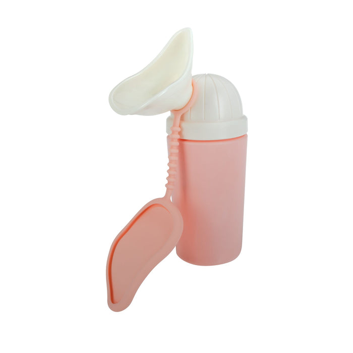 The Nuby Urine Travel Bottle | Girls is a pink portable urinal with a white funnel top and matching cap, designed for girls to use easily while traveling or during outdoor activities.