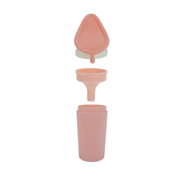 The Nuby Urine Travel Bottle for girls is a pink, three-piece portable urinal shown disassembled, with a funnel-shaped top, cylindrical middle section, and screw-top container arranged vertically for easy travel use.