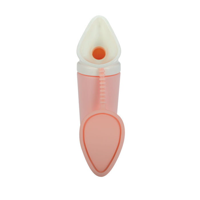 The Nuby Urine Travel Bottle for girls pairs perfectly with a pink and white silicone feeding bottle featuring a spoon tip—ideal for feeding infants or toddlers and handling potty needs on the go.