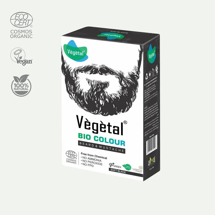 Box of Vegetal Bio Colour for beard and moustache with organic and vegan certification logos.