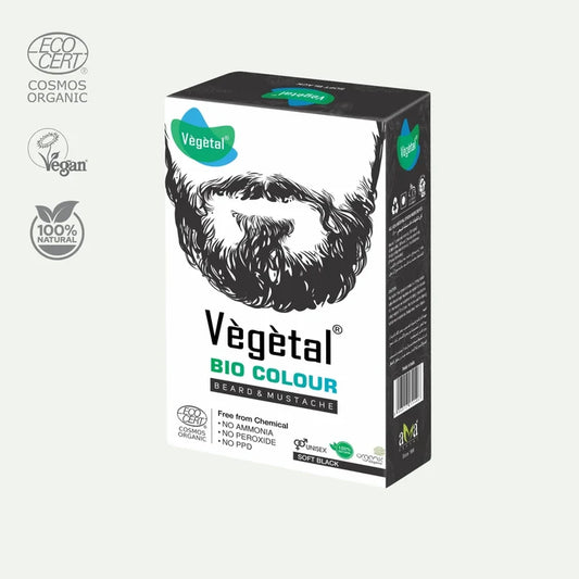 Box of Vegetal Bio Colour for beard and moustache with organic and vegan certification logos.