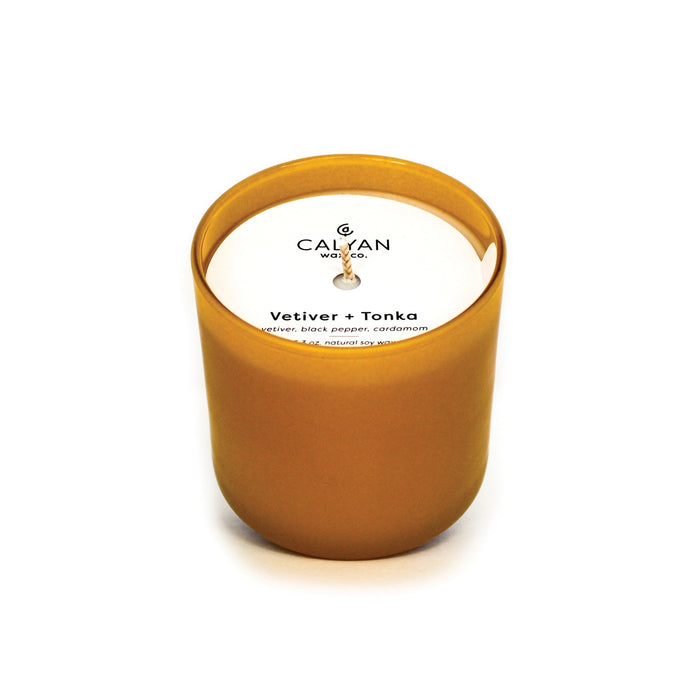 Vetiver + Tonka Dignity Series Glass Jar Soy Candle | Calyan Wax Co. - 5.3 oz in a matte amber glass jar, featuring a single wick and minimalist label design.