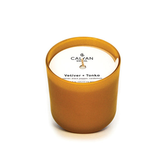 Vetiver + Tonka Dignity Series Glass Jar Soy Candle | Calyan Wax Co. - 5.3 oz in a matte amber glass jar, featuring a single wick and minimalist label design.