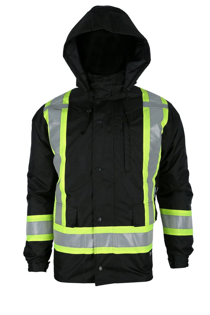 Viking Men's Handyman® Waterproof Class 1 Hi-Vis 7-in-1 Hooded Rain Jacket_Black Rainwear Viking Black 2XL Reg