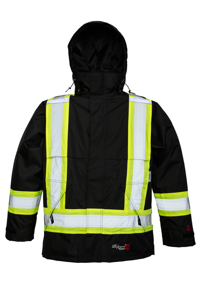 Viking Men's Professional® Journeyman Hi-Vis Class 1 Waterproof FR Trilobal Rip-Stop Hooded Jacket Rainwear Viking Black 2XL Reg