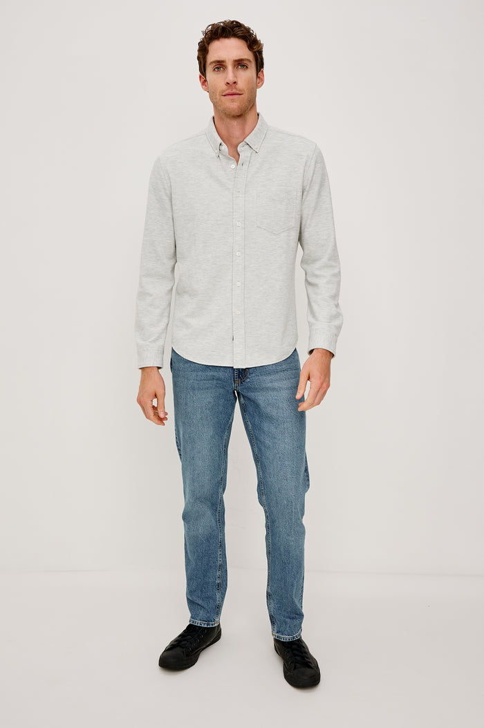 Vincent Button Front Collared Shirt in Viscose Blend With Single Chest Pocket and Long Sleeves in Heather Grey Colorway - Full Body Front View Featured on Model