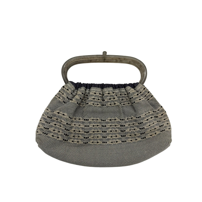 Vintage Antique 60's Style Macrame Top Handle Bag*Beautiful Navy Silver Threads