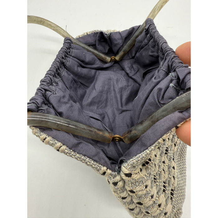 Vintage Antique 60's Style Macrame Top Handle Bag*Beautiful Navy Silver Threads