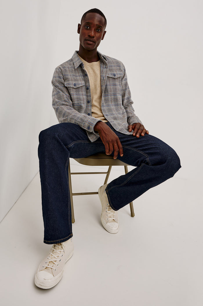 Warren Overshirt in Soft Textured Chenille Cotton With Relaxed Fit, Point Collar, Button Front, Dual Chest Flap Pockets, and Shirttail Hem in Oat Meridian Chenille Colorway - Full Body View Featured on Model