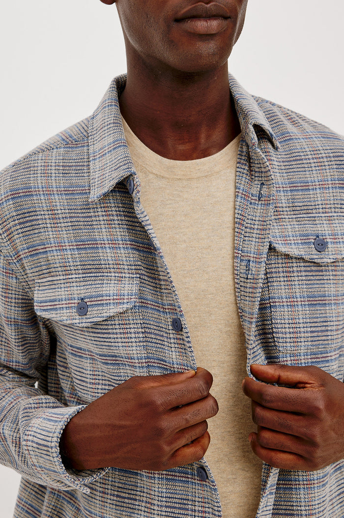 Warren Overshirt in Soft Textured Chenille Cotton With Relaxed Fit, Point Collar, Button Front, Dual Chest Flap Pockets, and Shirttail Hem in Oat Meridian Chenille Colorway - Upper Body Front View Featured on Model