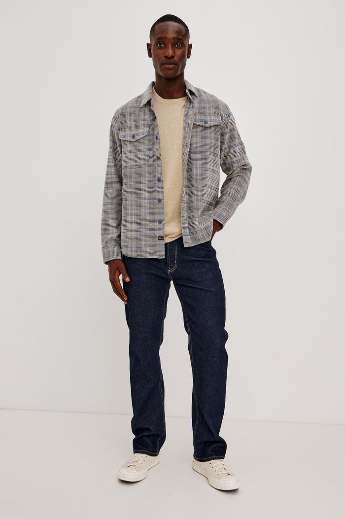 Warren Overshirt in Soft Textured Chenille Cotton With Relaxed Fit, Point Collar, Button Front, Dual Chest Flap Pockets, and Shirttail Hem in Oat Meridian Chenille Colorway - Full Body Front View Featured on Model