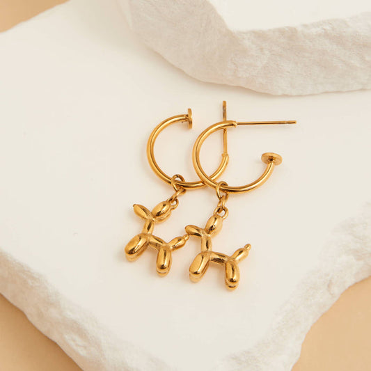 Waterproof Earrings Dog Charm C Hoop Gold & Steel  Narelle