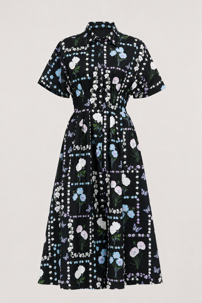 front view of Wilderra Trevis Floral black pleated midi shirt dress with collar and short sleeves