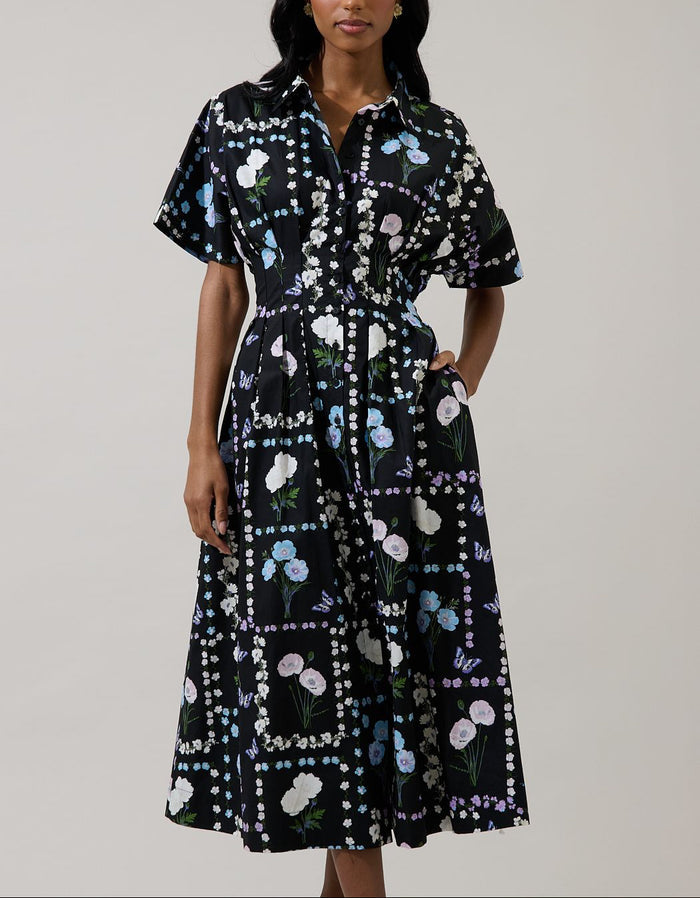 Wilderra Trevis Floral pleated midi shirt dress in black pastel, front view with collar and short sleeves