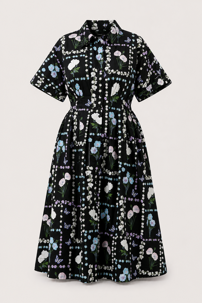 Curve fit front view of Wilderra Trevis Floral midi shirt dress with smocked waist and pockets