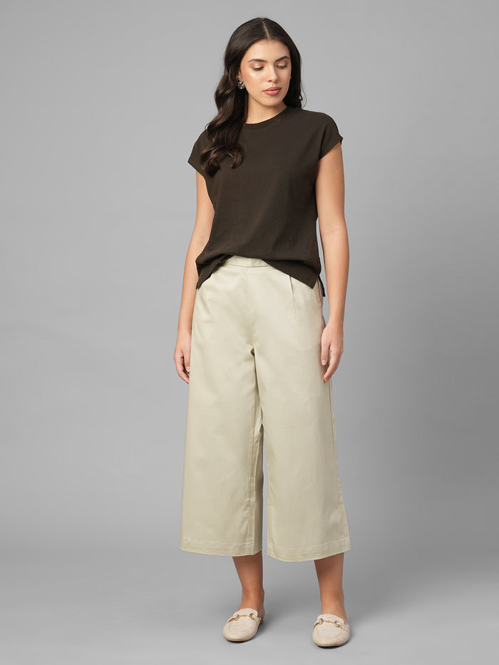 Women's Beige Cotton Lycra Regular Fit Culotte