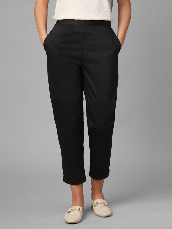 Women's Black Cotton Lycra Regular Fit Pant