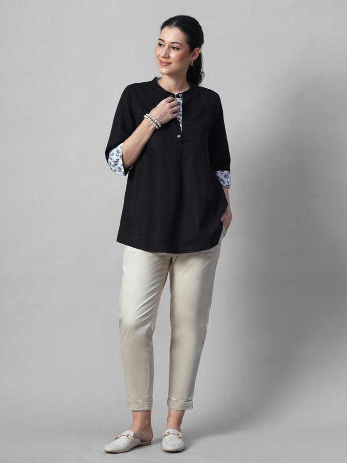 Women's Black Linen Cotton Regular Fit Blouse