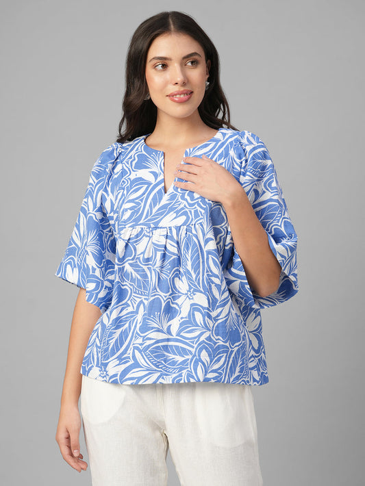 Women's Blue 100% Cotton Regular Fit Blouse