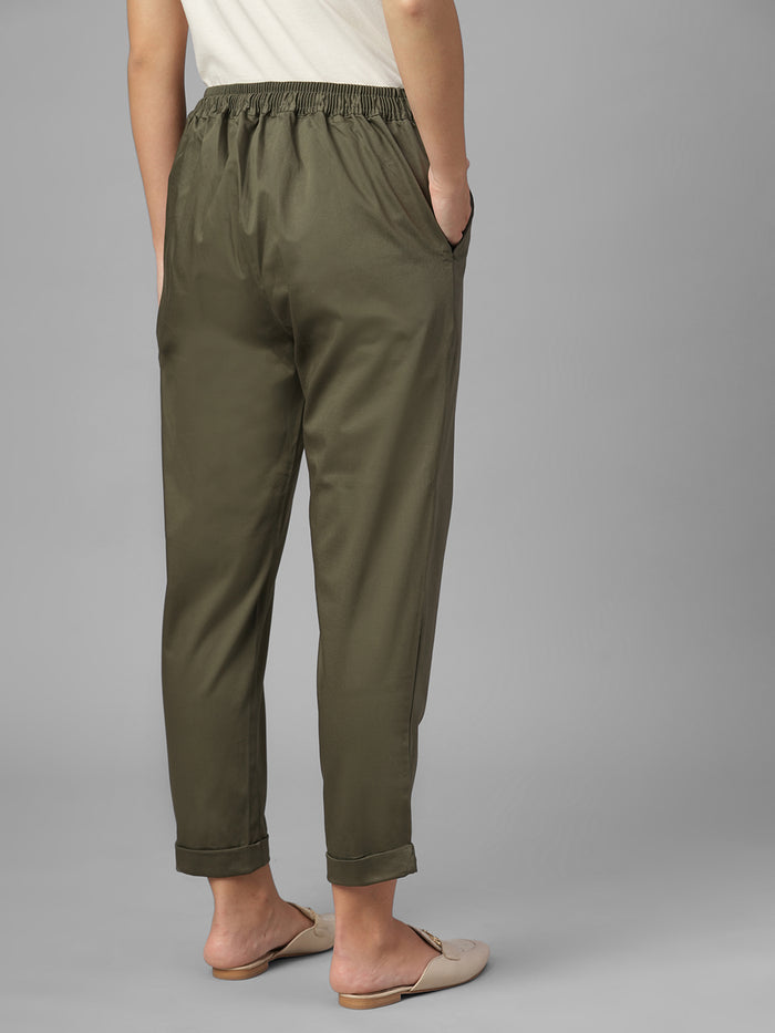 Women's Olive Cotton Lycra Regular Fit Pant