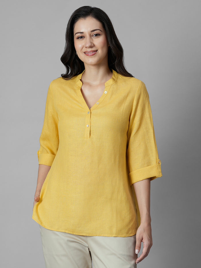 Women's Yellow 100% Linen Regular Fit Blouse