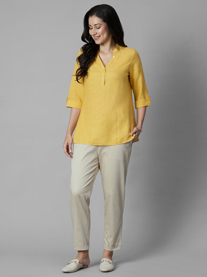 Women's Yellow 100% Linen Regular Fit Blouse