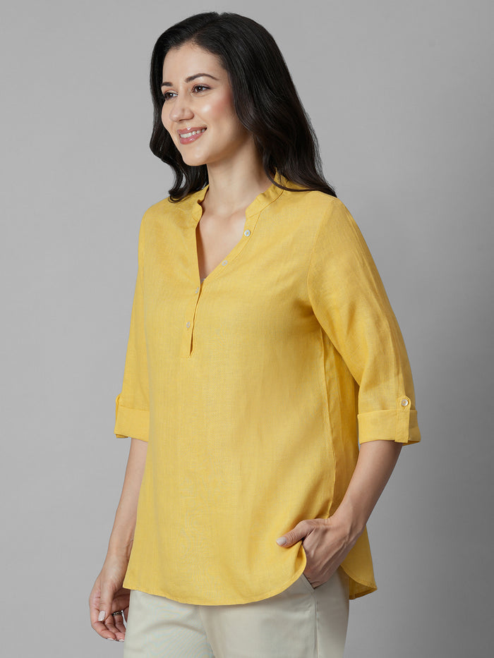 Women's Yellow 100% Linen Regular Fit Blouse