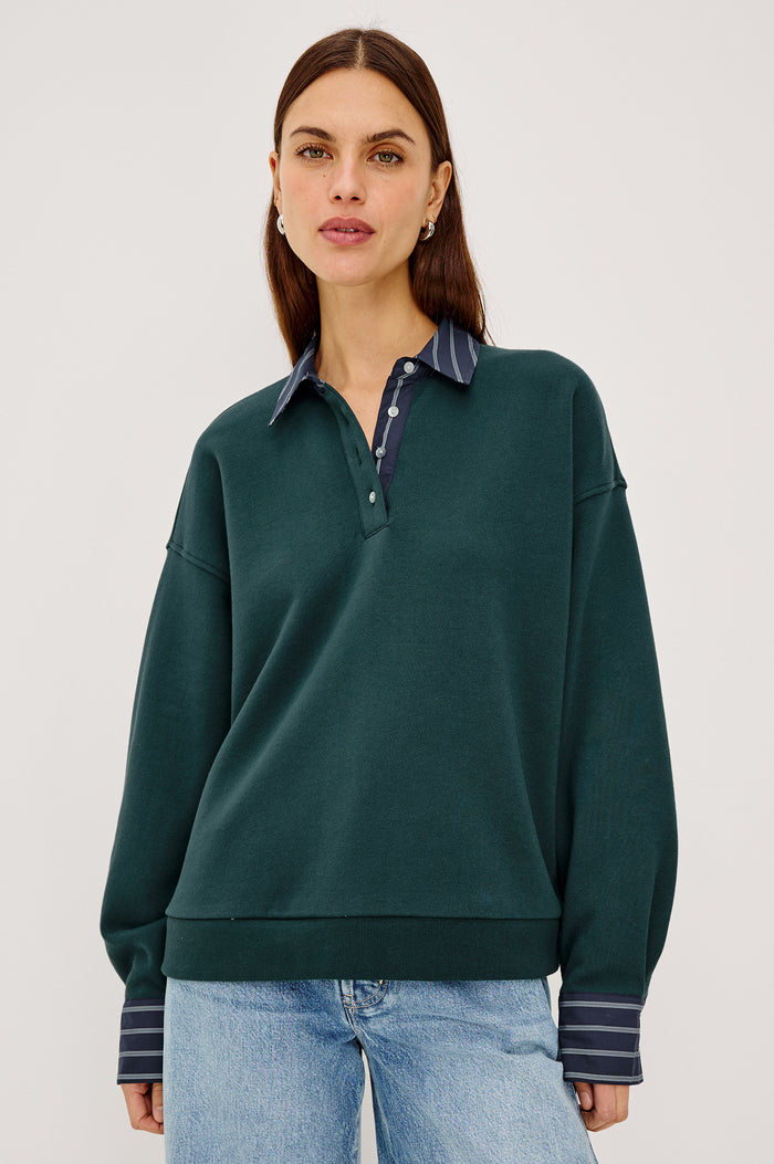 Zavier Sweatershirt in French Terry in Relaxed Slightly Cropped Fit, Contrast Poplin Collar and Cuffs, Quarter-Button Placket, and Ribbed Hem in Forest Colorway - Upper Body Front View Featured on Model