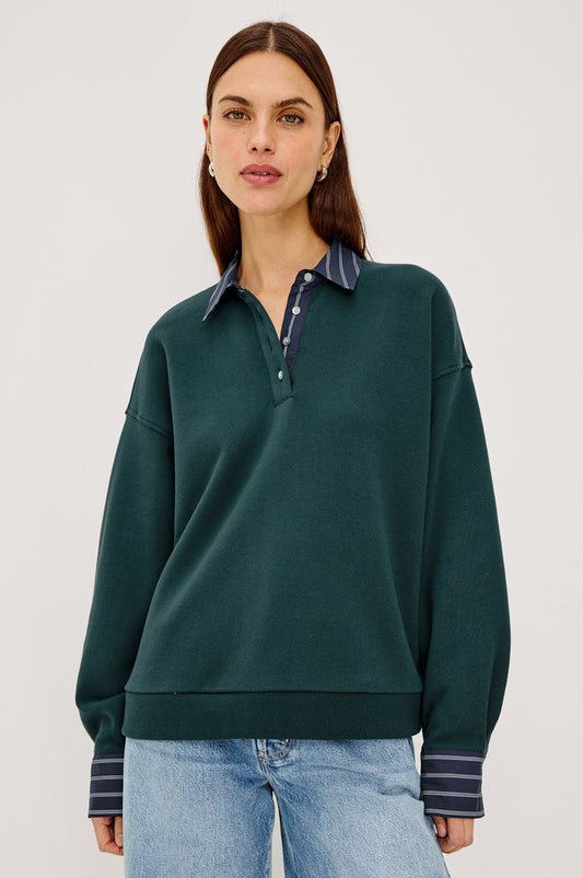 Zavier Sweatershirt in French Terry in Relaxed Slightly Cropped Fit, Contrast Poplin Collar and Cuffs, Quarter-Button Placket, and Ribbed Hem in Forest Colorway - Upper Body Front View Featured on Model