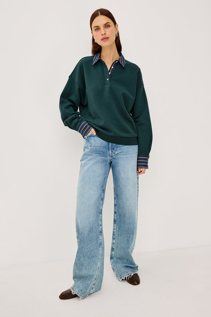 Zavier Sweatershirt in French Terry in Relaxed Slightly Cropped Fit, Contrast Poplin Collar and Cuffs, Quarter-Button Placket, and Ribbed Hem in Forest Colorway - Full Body Front View Featured on Model