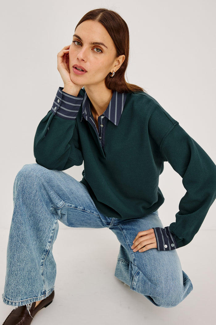 Zavier Sweatershirt in French Terry in Relaxed Slightly Cropped Fit, Contrast Poplin Collar and Cuffs, Quarter-Button Placket, and Ribbed Hem in Forest Colorway - Full Body View Featured on Model