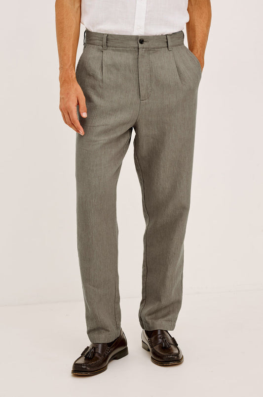 Zimmer Pant in Cotton Linen Wool Blend With Relaxed Fit, Tapered Leg, Side Pockets, Zip Fly, Belt Loops, and Back Welt Pockets in Walnut Colorway - Lower Body Front View Featured on Model
