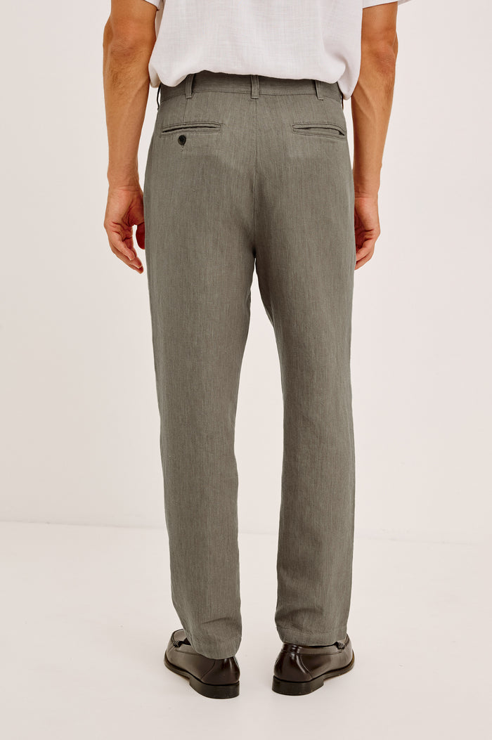 Zimmer Pant in Cotton Linen Wool Blend With Relaxed Fit, Tapered Leg, Side Pockets, Zip Fly, Belt Loops, and Back Welt Pockets in Walnut Colorway - Lower Body Back View Featured on Model